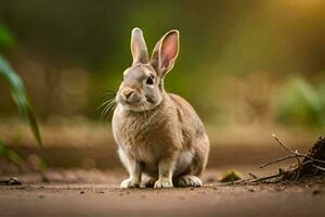 a rabbit is sitting on the ground in the middle of a forest. AI-Generated photo