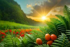 foto fondo de pantalla el cielo, plantas, flores, sol, verde, naranja, fruta, campo,. generado por ai