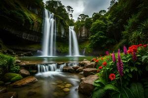 the waterfall is surrounded by flowers and rocks. AI-Generated photo