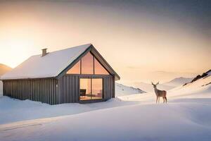 a deer stands in front of a cabin in the snow. AI-Generated photo