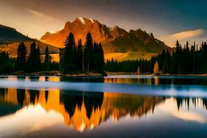 a mountain range is reflected in a lake. AI-Generated photo