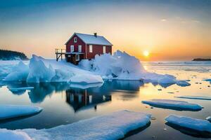 un rojo casa se sienta en parte superior de un iceberg en el medio de el océano. generado por ai foto