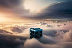 un azul cubo flotante en el nubes generado por ai foto