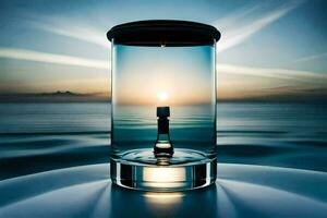 a candle is lit in a glass jar on the ocean. AI-Generated photo