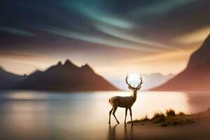a deer stands in front of a lake at sunset. AI-Generated photo
