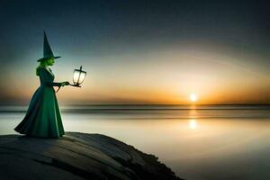 un mujer en un verde vestir participación un linterna en el playa a puesta de sol. generado por ai foto