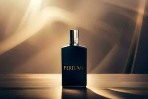 perfume bottle on a table with a blurred background. AI-Generated photo