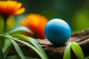 a blue egg in a nest of flowers. AI-Generated photo