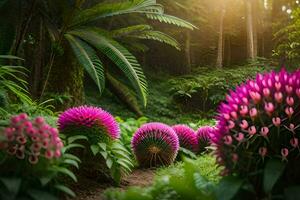 un camino mediante un selva con rosado flores generado por ai foto