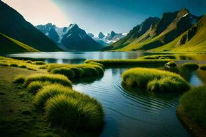 a lake surrounded by grass and mountains. AI-Generated photo