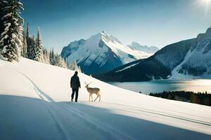 a man and a deer walk along a snowy mountain. AI-Generated photo