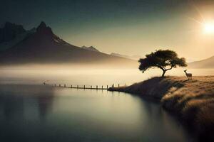 a lone tree stands on the shore of a lake at sunrise. AI-Generated photo