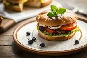 a hamburger with tomatoes, lettuce and blueberries. AI-Generated photo