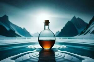 a bottle of whisky in the middle of a lake. AI-Generated photo