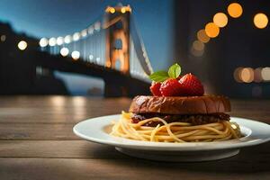 a plate of spaghetti and a sandwich with a strawberry on top. AI-Generated photo