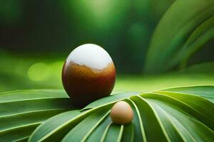 an egg sitting on top of a leaf. AI-Generated photo