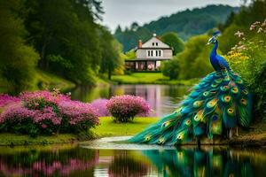a peacock is standing on a pond with flowers. AI-Generated photo