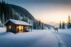 a deer stands in front of a cabin in the snow. AI-Generated photo
