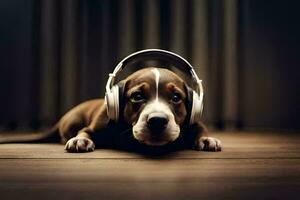 un perro vistiendo auriculares en un de madera piso. generado por ai foto