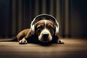 a dog wearing headphones on a wooden floor. AI-Generated photo