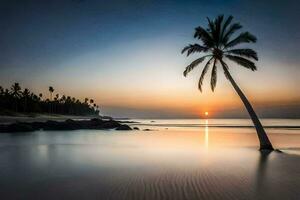 a palm tree stands on the beach at sunset. AI-Generated photo