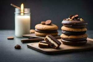 chocolate cookies and a candle on a cutting board. AI-Generated photo