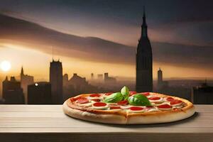 un Pizza con pepperoni y albahaca en un de madera mesa en frente de un ciudad horizonte. generado por ai foto