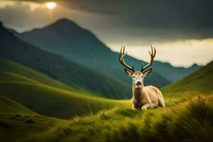 a deer is sitting in the grass with mountains in the background. AI-Generated photo