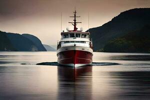 a red and white boat traveling on the water. AI-Generated photo