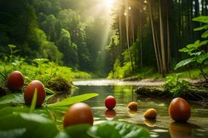eggs floating in a river in the forest. AI-Generated photo