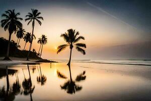 palma arboles en el playa a puesta de sol. generado por ai foto