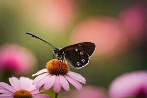 un mariposa se sienta en un rosado flor. generado por ai foto