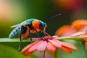 un abeja con un rojo y azul cara sentado en un flor. generado por ai foto