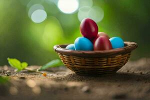 easter eggs in a basket on the ground. AI-Generated photo