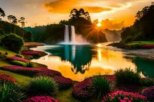 the sunset in the jungle with a waterfall. AI-Generated photo