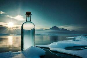 un botella de agua se sienta en el hielo en frente de un montaña. generado por ai foto