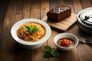 spaghetti and bread on a wooden table. AI-Generated photo