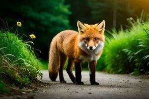 un rojo zorro es caminando a lo largo un camino en el bosque. generado por ai foto