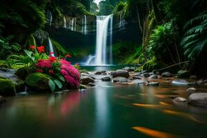 hermosa cascada en tropical bosque con vistoso flores y pescado valores foto. generado por ai foto