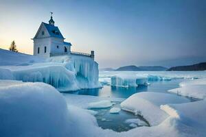 un Iglesia es rodeado por hielo en el medio de el agua. generado por ai foto