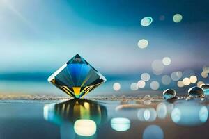 a diamond is sitting on the beach with bubbles. AI-Generated photo