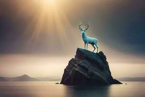 a white deer stands on top of a rock in the ocean. AI-Generated photo