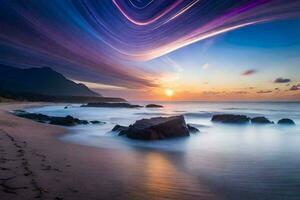 a long exposure photograph of a beach at sunset. AI-Generated photo