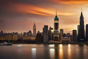 the new york skyline at sunset. AI-Generated photo