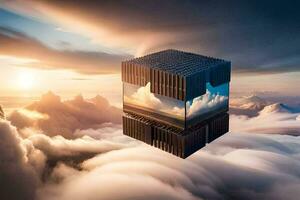 a cube floating in the sky with clouds. AI-Generated photo