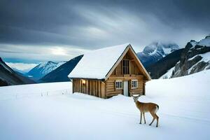 un ciervo soportes en frente de un cabina en el nieve. generado por ai foto