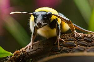 a bee with a black and yellow body sitting on a branch. AI-Generated photo