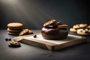 chocolate cake with cookies on a cutting board. AI-Generated photo