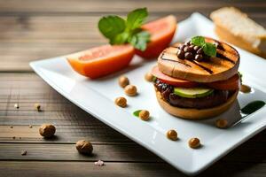 a hamburger with vegetables and bread on a plate. AI-Generated photo