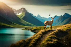 a deer stands on a path near a lake. AI-Generated photo